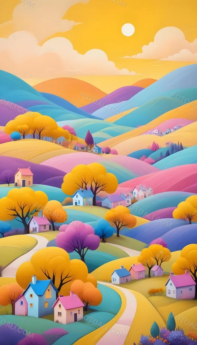 Minimal Soft Studio Light Photography A Colorful Landscape With Rolling Hills Houses And Trees In A Whimsical Stylized Style The Scene Features A Vibrant Palette Of Yellow Pink Purple And Blue Hues Creating A E8d1