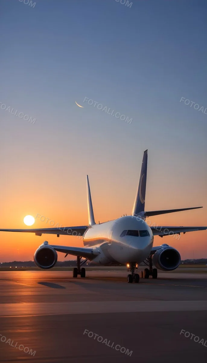 Minimal Soft Studio Light Photography A Commercial Passenger Jet On The Tarmac At Sunset With The Sun Setting In The Background And A Crescent Moon Visible In The Sky High Detail Solid Bold Color Background 13 3a68
