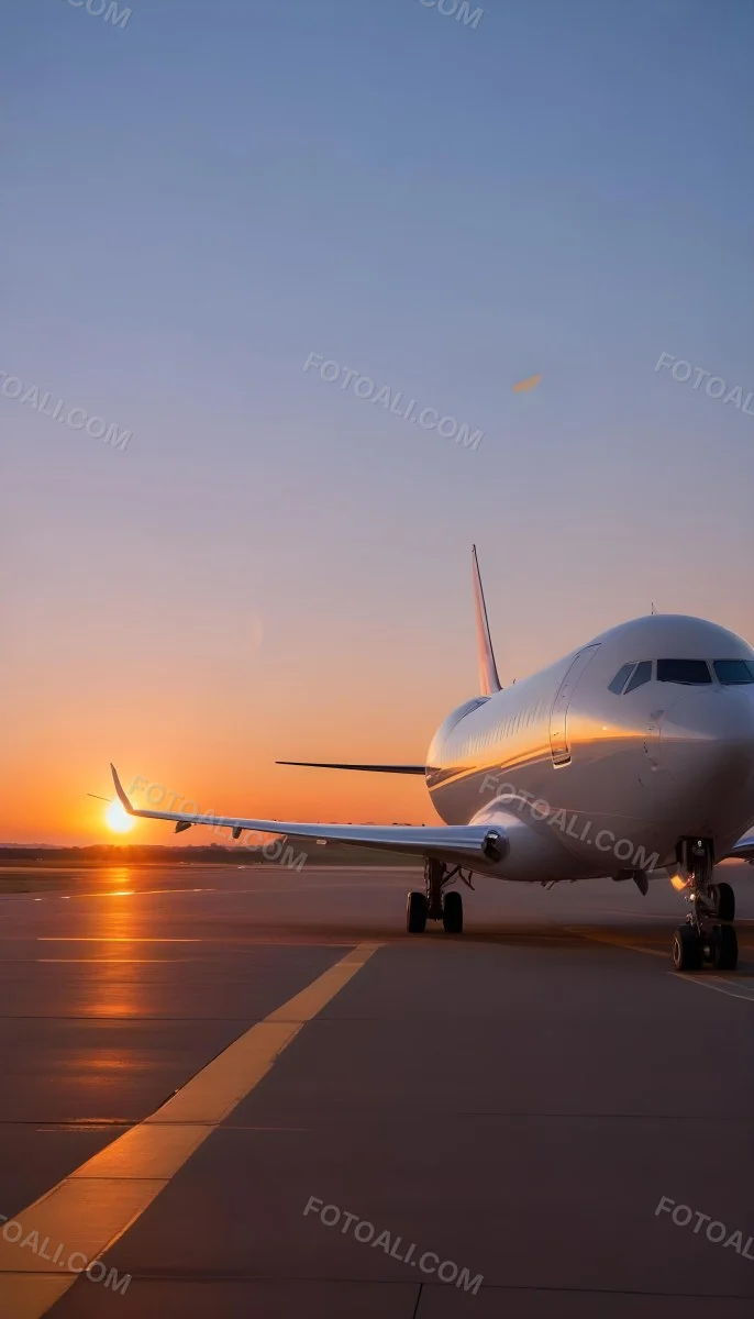 Minimal Soft Studio Light Photography A Commercial Passenger Jet On The Tarmac At Sunset With The Sun Setting In The Background And A Crescent Moon Visible In The Sky High Detail Solid Bold Color Background 16 608e