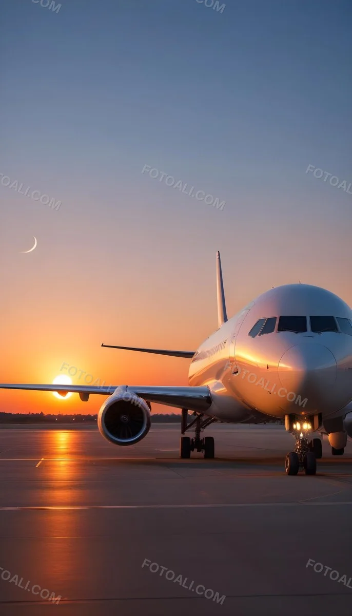 Minimal Soft Studio Light Photography A Commercial Passenger Jet On The Tarmac At Sunset With The Sun Setting In The Background And A Crescent Moon Visible In The Sky High Detail Solid Bold Color Background 17 F43d
