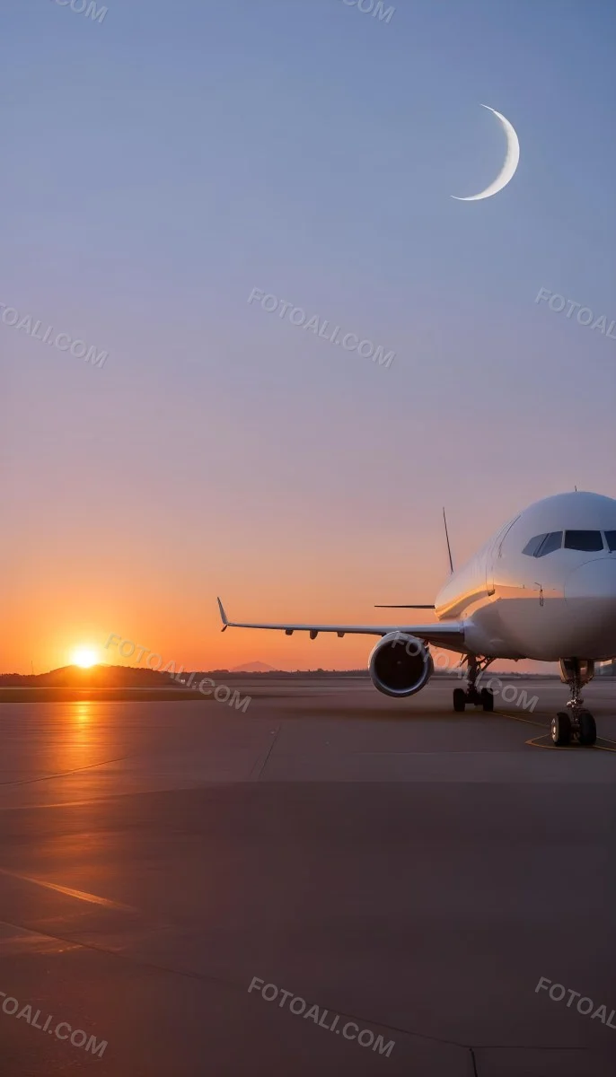 Minimal Soft Studio Light Photography A Commercial Passenger Jet On The Tarmac At Sunset With The Sun Setting In The Background And A Crescent Moon Visible In The Sky High Detail Solid Bold Color Background 18 Ac46