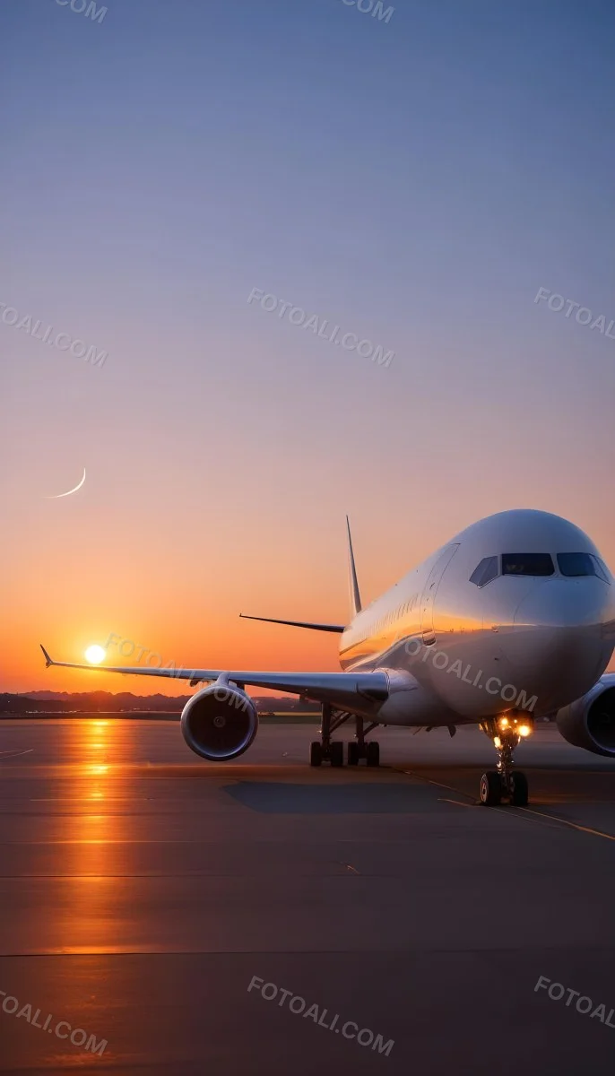 Minimal Soft Studio Light Photography A Commercial Passenger Jet On The Tarmac At Sunset With The Sun Setting In The Background And A Crescent Moon Visible In The Sky High Detail Solid Bold Color Background 19 2b81