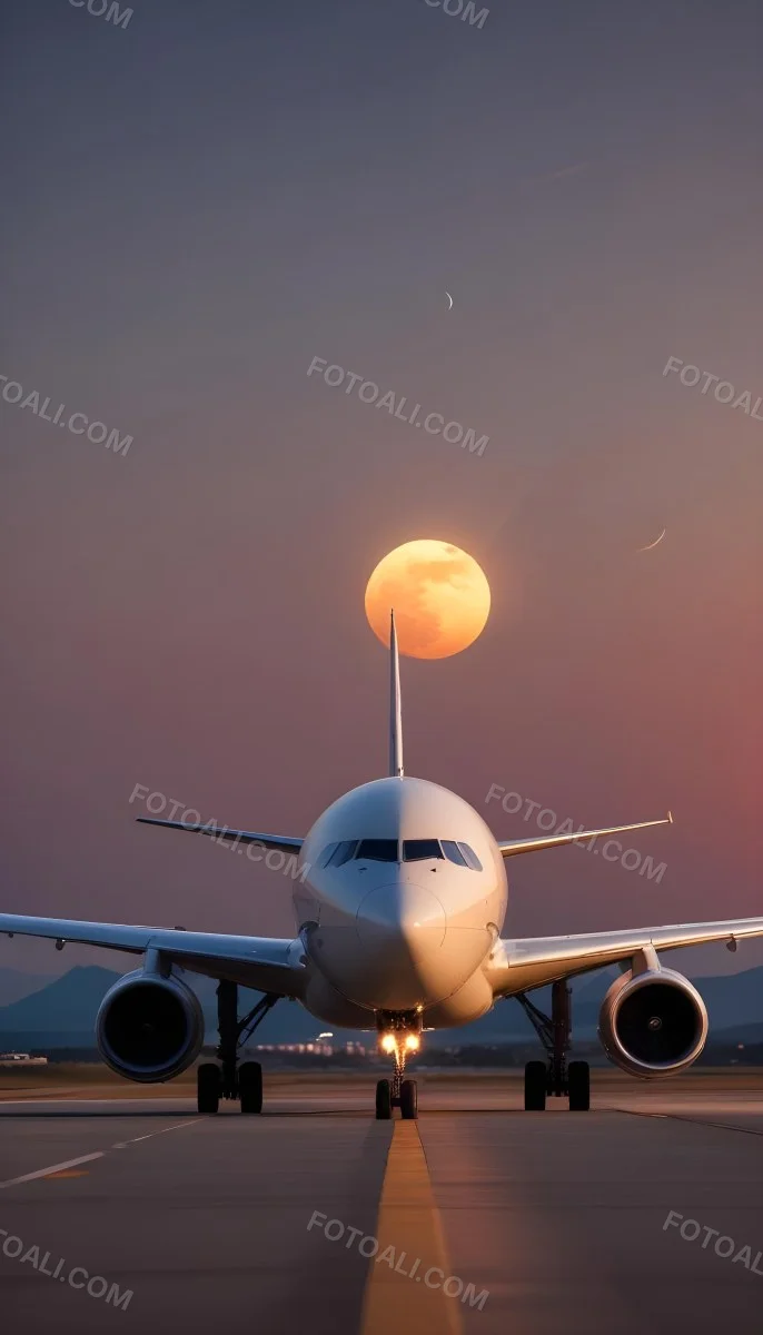 Minimal Soft Studio Light Photography A Commercial Passenger Jet On The Tarmac At Sunset With The Sun Setting In The Background And A Crescent Moon Visible In The Sky High Detail Solid Bold Color Background 2 E8dd