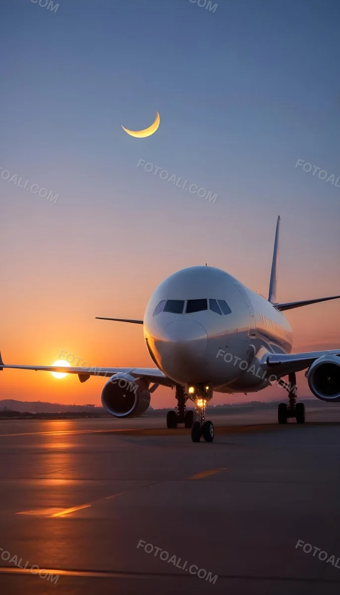 Minimal Soft Studio Light Photography A Commercial Passenger Jet On The Tarmac At Sunset With The Sun Setting In The Background And A Crescent Moon Visible In The Sky High Detail Solid Bold Color Background 3 B9ef