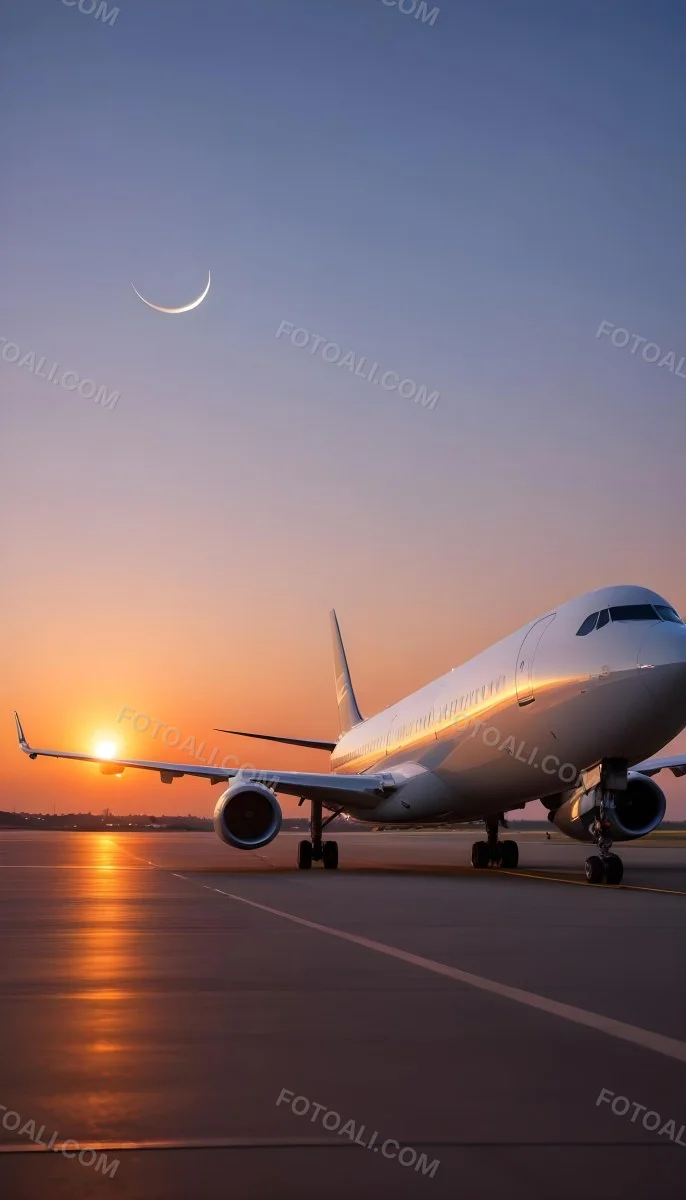 Minimal Soft Studio Light Photography A Commercial Passenger Jet On The Tarmac At Sunset With The Sun Setting In The Background And A Crescent Moon Visible In The Sky High Detail Solid Bold Color Background 4 B73c