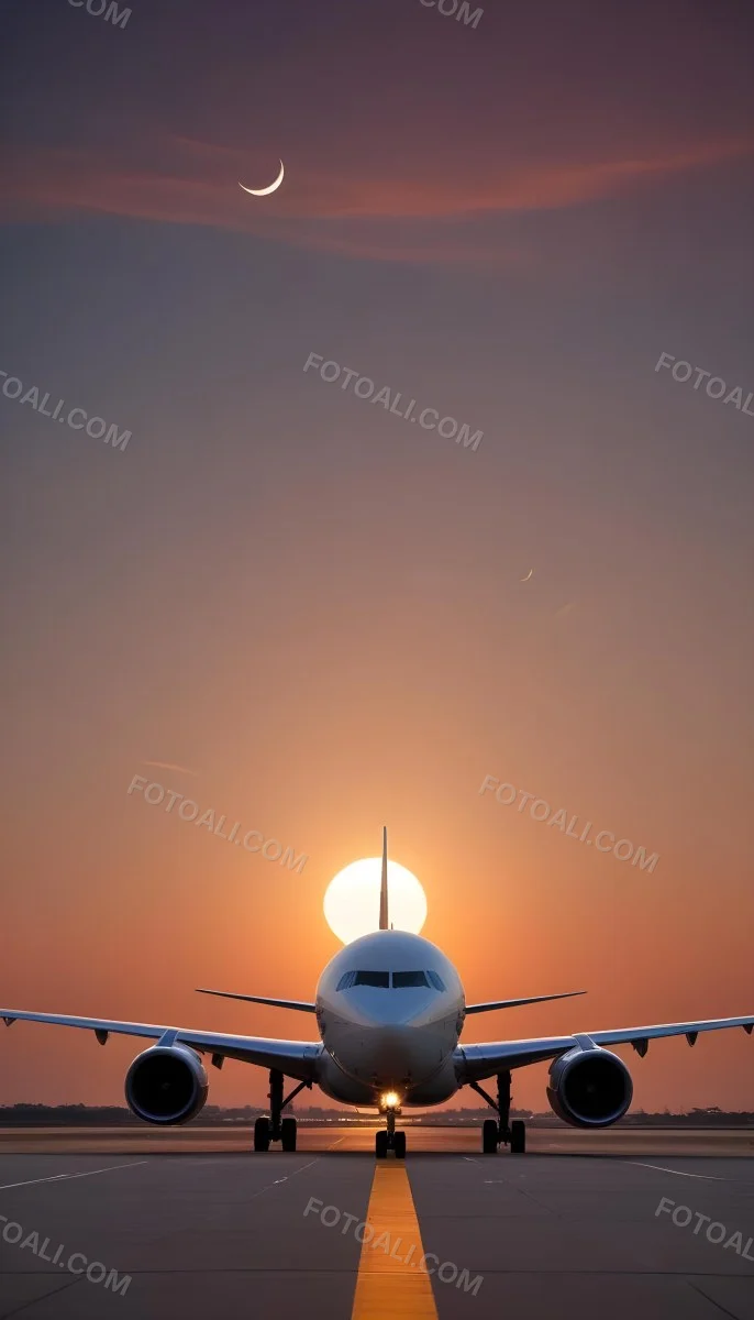 Minimal Soft Studio Light Photography A Commercial Passenger Jet On The Tarmac At Sunset With The Sun Setting In The Background And A Crescent Moon Visible In The Sky High Detail Solid Bold Color Background 5 7c29