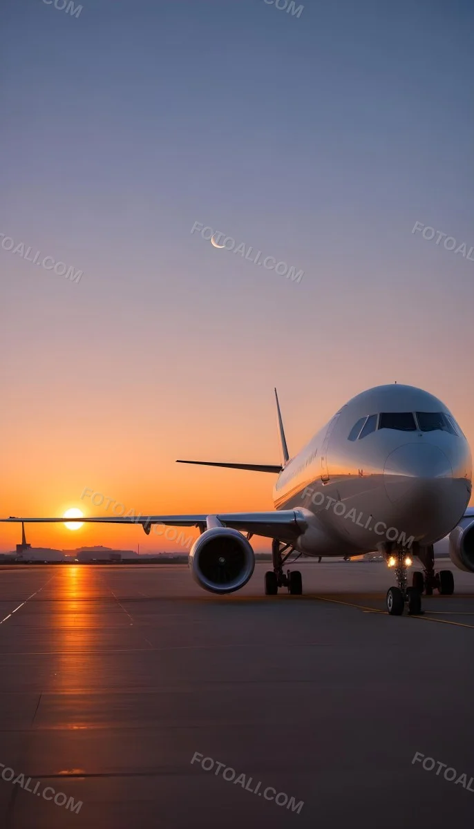 Minimal Soft Studio Light Photography A Commercial Passenger Jet On The Tarmac At Sunset With The Sun Setting In The Background And A Crescent Moon Visible In The Sky High Detail Solid Bold Color Background 6 904a