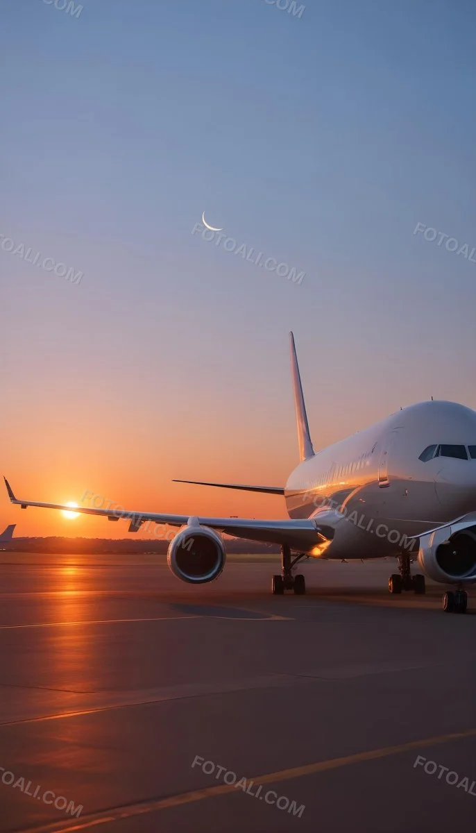 Minimal Soft Studio Light Photography A Commercial Passenger Jet On The Tarmac At Sunset With The Sun Setting In The Background And A Crescent Moon Visible In The Sky High Detail Solid Bold Color Background 7 1641