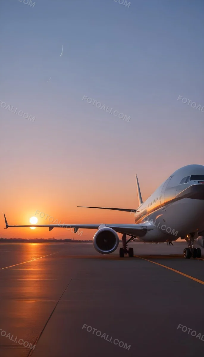 Minimal Soft Studio Light Photography A Commercial Passenger Jet On The Tarmac At Sunset With The Sun Setting In The Background And A Crescent Moon Visible In The Sky High Detail Solid Bold Color Background 8 5951