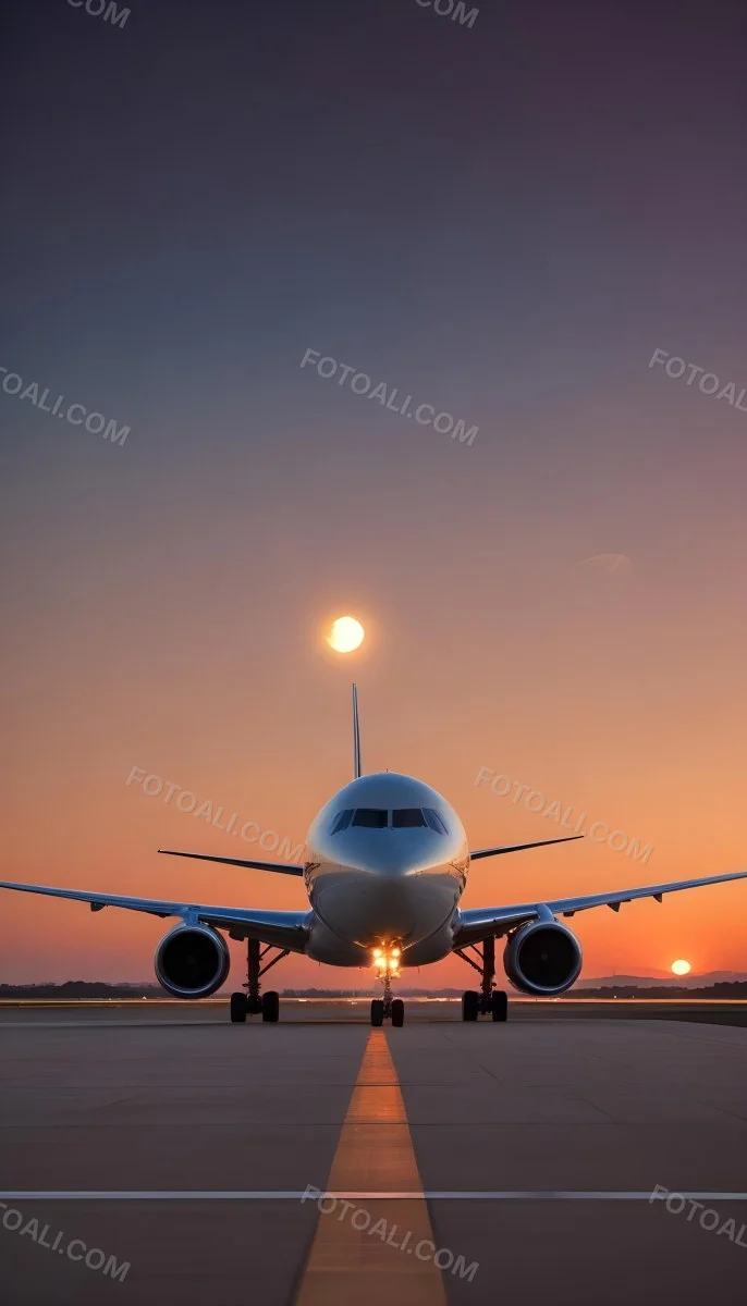 Minimal Soft Studio Light Photography A Commercial Passenger Jet On The Tarmac At Sunset With The Sun Setting In The Background And A Crescent Moon Visible In The Sky High Detail Solid Bold Color Background 9 Df63