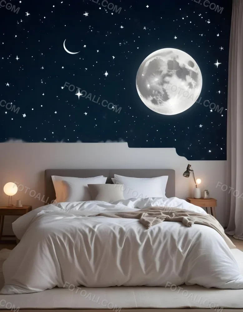 Minimal Soft Studio Light Photography A Cozy Bedroom With A Large Full Moon And Starry Night Sky Visible Through The Window The Room Has Plush White Bedding And Pillows Creating A Serene And Calming Atmosphere High De 10 9106