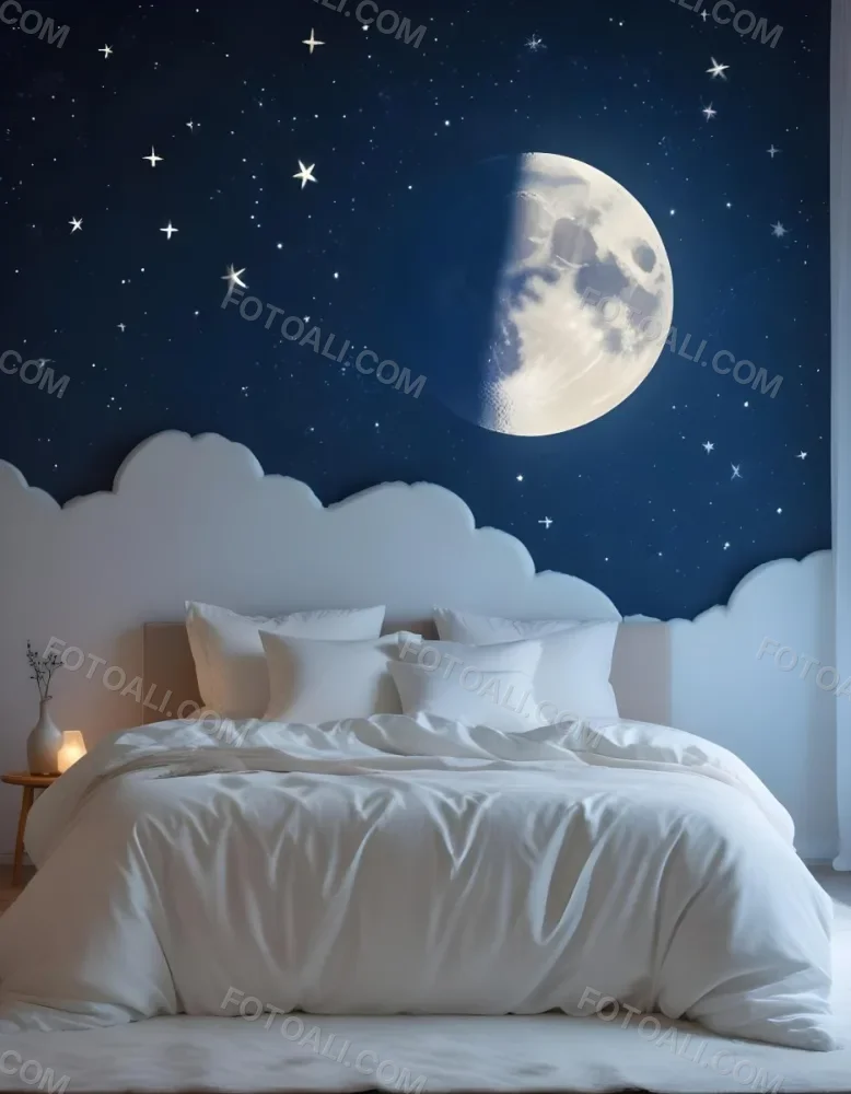 Minimal Soft Studio Light Photography A Cozy Bedroom With A Large Full Moon And Starry Night Sky Visible Through The Window The Room Has Plush White Bedding And Pillows Creating A Serene And Calming Atmosphere High De 12 Be25