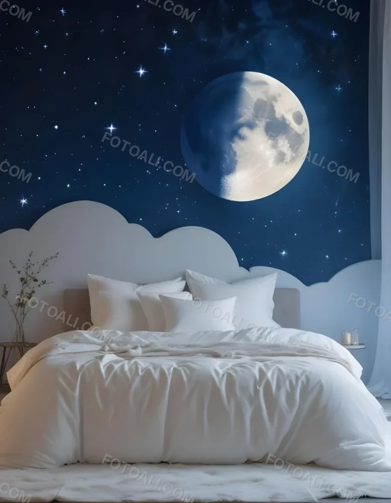 Minimal Soft Studio Light Photography A Cozy Bedroom With A Large Full Moon And Starry Night Sky Visible Through The Window The Room Has Plush White Bedding And Pillows Creating A Serene And Calming Atmosphere High De 14 8381