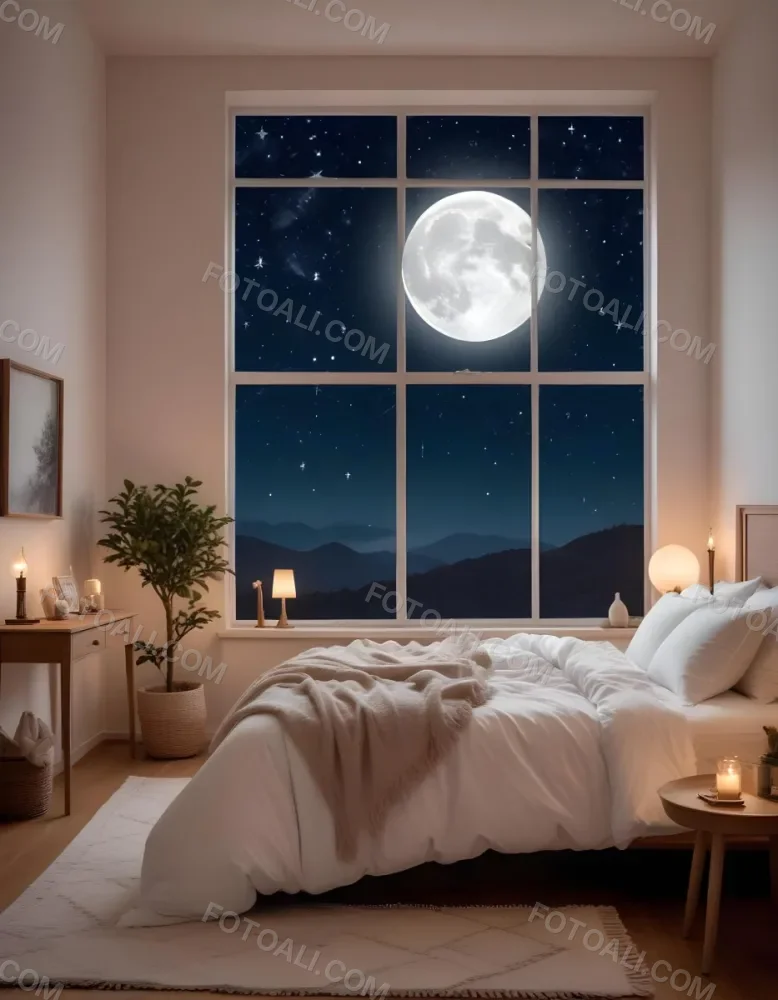 Minimal Soft Studio Light Photography A Cozy Bedroom With A Large Full Moon And Starry Night Sky Visible Through The Window The Room Has Plush White Bedding And Pillows Creating A Serene And Calming Atmosphere High De 15 3784