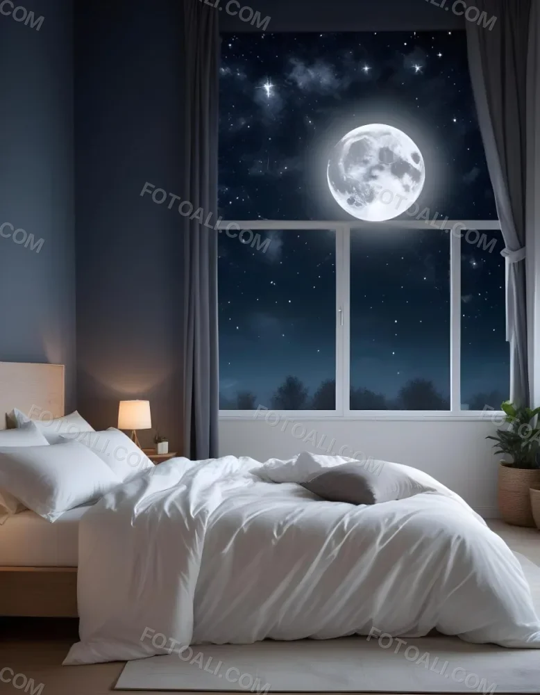 Minimal Soft Studio Light Photography A Cozy Bedroom With A Large Full Moon And Starry Night Sky Visible Through The Window The Room Has Plush White Bedding And Pillows Creating A Serene And Calming Atmosphere High De 16 47a6