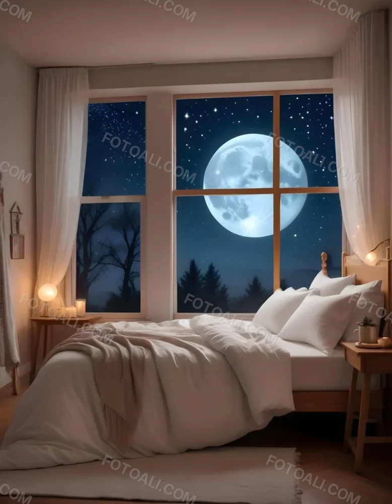 Minimal Soft Studio Light Photography A Cozy Bedroom With A Large Full Moon And Starry Night Sky Visible Through The Window The Room Has Plush White Bedding And Pillows Creating A Serene And Calming Atmosphere High De 3 Da3d