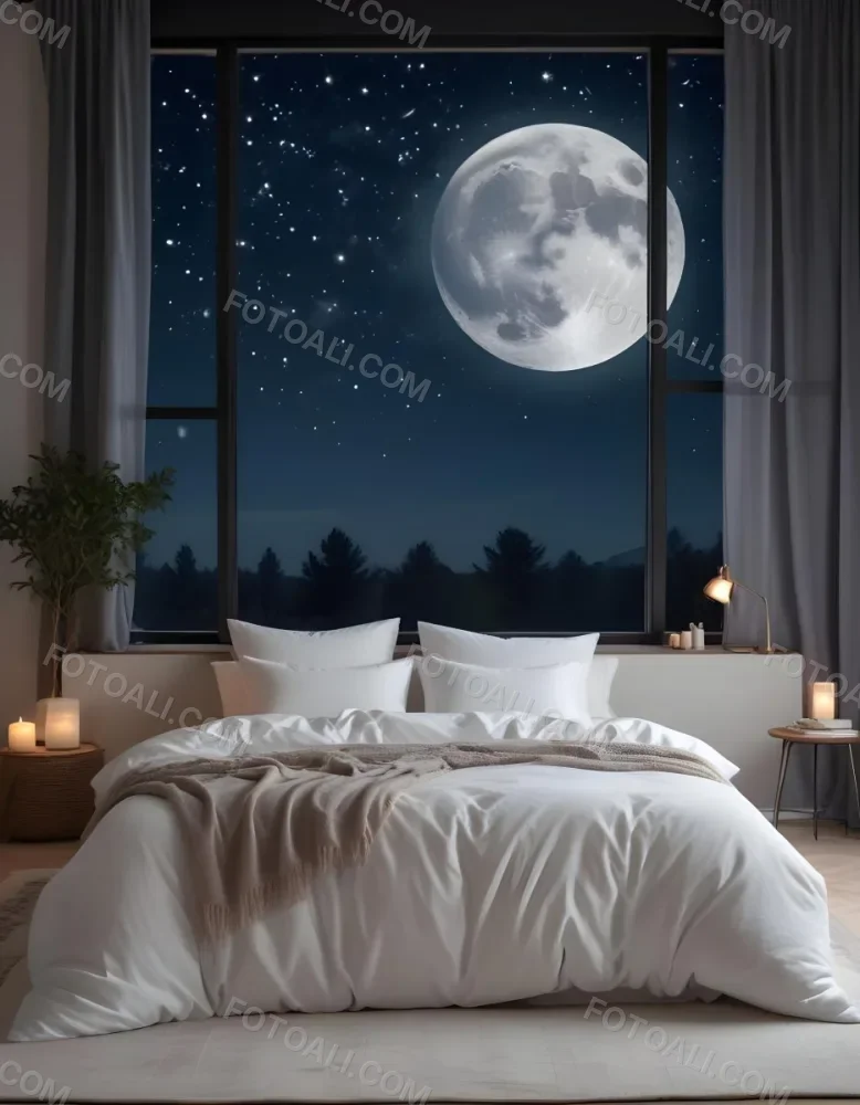 Minimal Soft Studio Light Photography A Cozy Bedroom With A Large Full Moon And Starry Night Sky Visible Through The Window The Room Has Plush White Bedding And Pillows Creating A Serene And Calming Atmosphere High De 4 1963