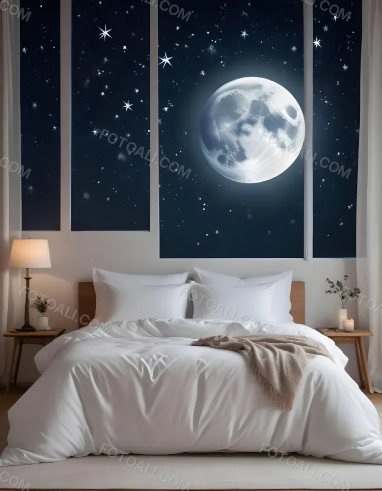 Minimal Soft Studio Light Photography A Cozy Bedroom With A Large Full Moon And Starry Night Sky Visible Through The Window The Room Has Plush White Bedding And Pillows Creating A Serene And Calming Atmosphere High De 5 195d