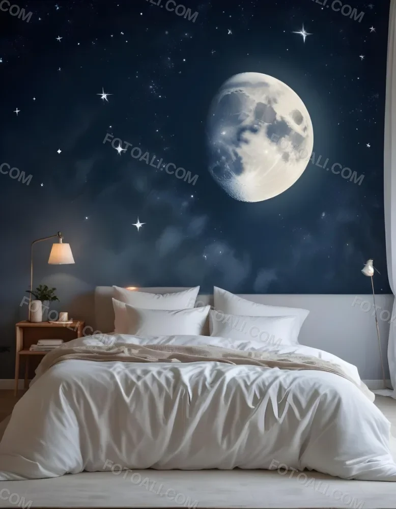 Minimal Soft Studio Light Photography A Cozy Bedroom With A Large Full Moon And Starry Night Sky Visible Through The Window The Room Has Plush White Bedding And Pillows Creating A Serene And Calming Atmosphere High De 6 Cf80
