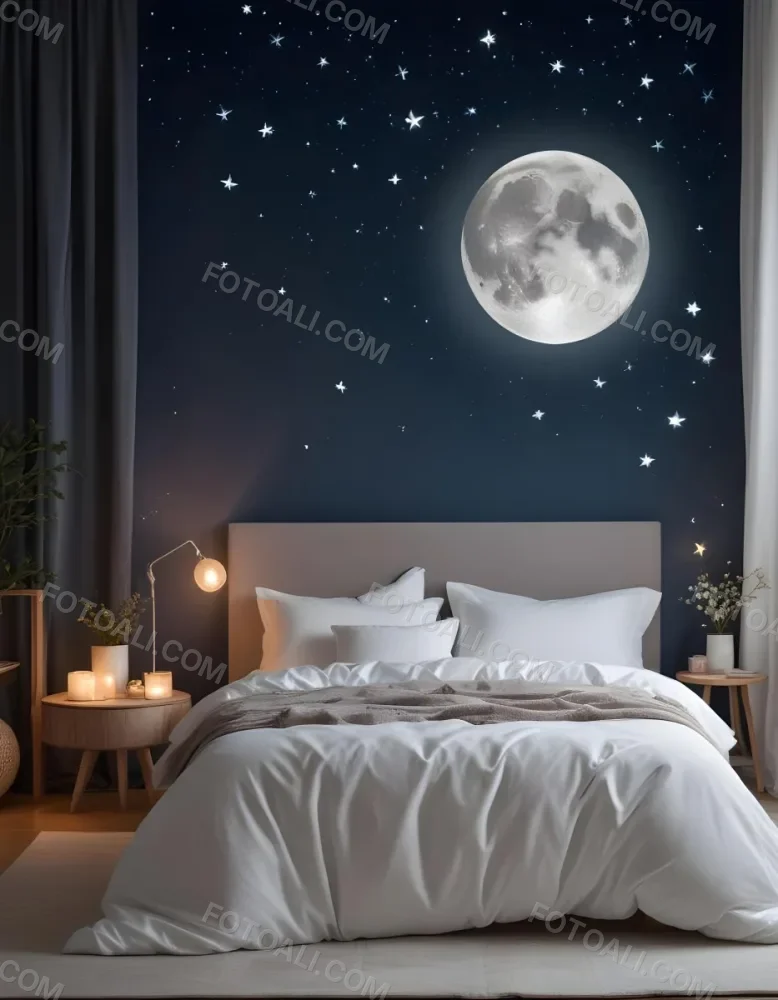 Minimal Soft Studio Light Photography A Cozy Bedroom With A Large Full Moon And Starry Night Sky Visible Through The Window The Room Has Plush White Bedding And Pillows Creating A Serene And Calming Atmosphere High De 8 3e7e