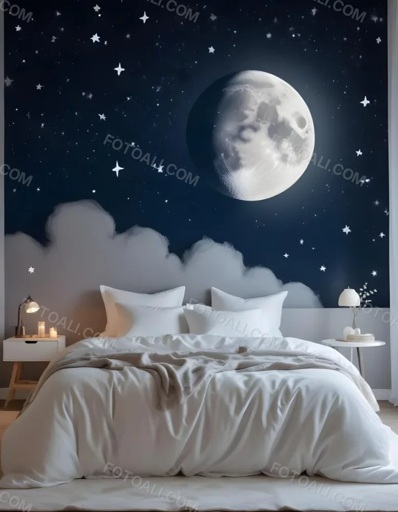 Minimal Soft Studio Light Photography A Cozy Bedroom With A Large Full Moon And Starry Night Sky Visible Through The Window The Room Has Plush White Bedding And Pillows Creating A Serene And Calming Atmosphere High De 9 25c7