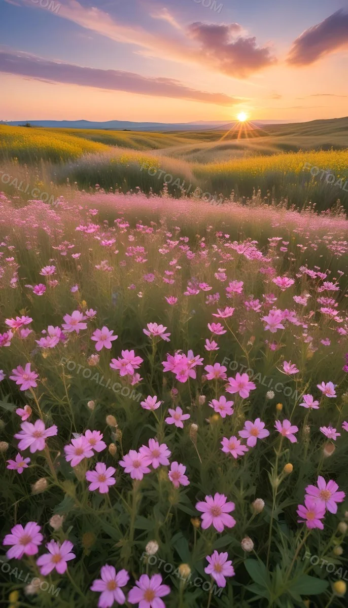 Minimal Soft Studio Light Photography A Field Of Pink Wildflowers With A Blue Sky And Fluffy White Clouds In The Background Surrounded By Yellow Wildflowers During Sunrise With Clear Weather In The Distance High Detail 1 76b7