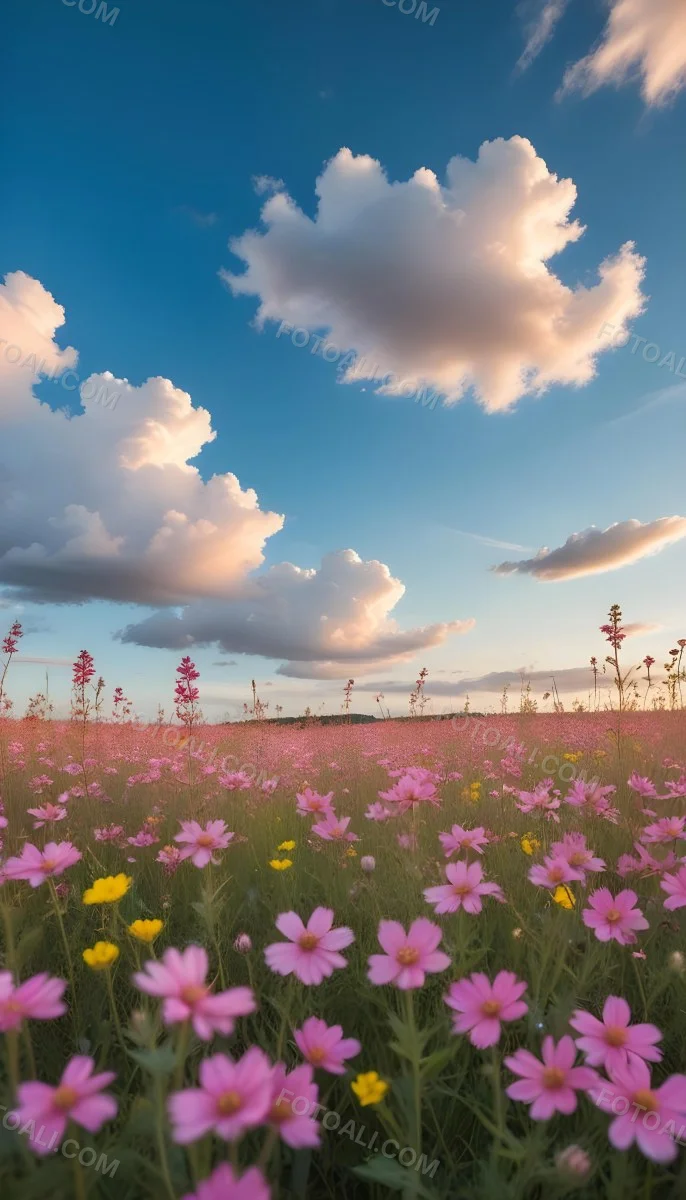 Minimal Soft Studio Light Photography A Field Of Pink Wildflowers With A Blue Sky And Fluffy White Clouds In The Background Surrounded By Yellow Wildflowers During Sunrise With Clear Weather In The Distance High Detail 10 4635