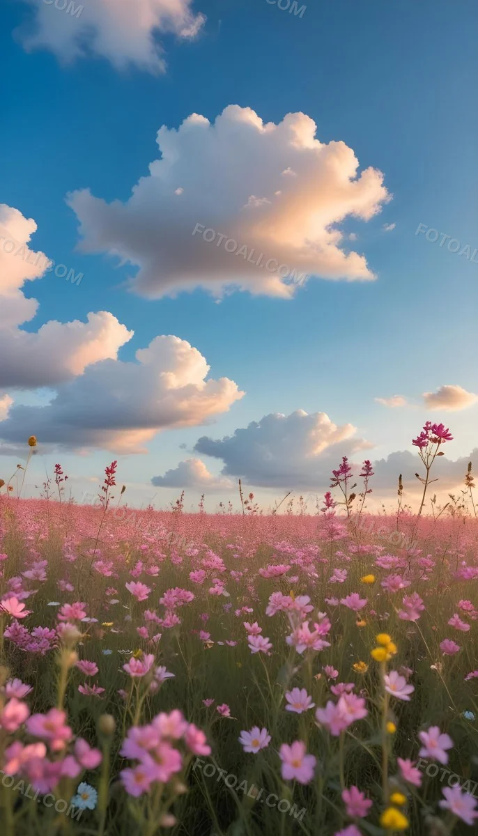 Minimal Soft Studio Light Photography A Field Of Pink Wildflowers With A Blue Sky And Fluffy White Clouds In The Background Surrounded By Yellow Wildflowers During Sunrise With Clear Weather In The Distance High Detail 11 E101