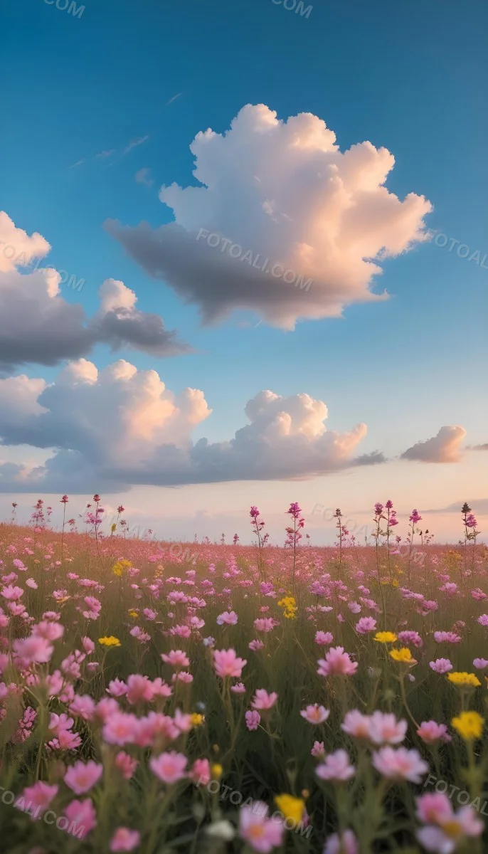 Minimal Soft Studio Light Photography A Field Of Pink Wildflowers With A Blue Sky And Fluffy White Clouds In The Background Surrounded By Yellow Wildflowers During Sunrise With Clear Weather In The Distance High Detail 13 6d0f