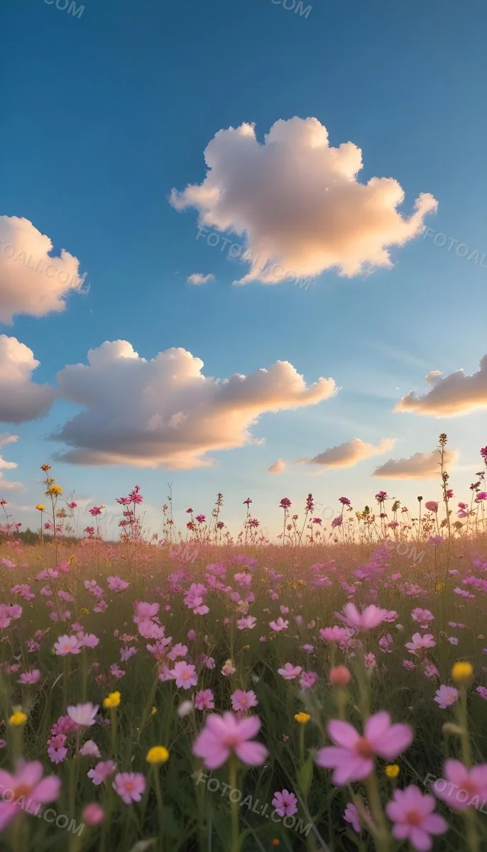 Minimal Soft Studio Light Photography A Field Of Pink Wildflowers With A Blue Sky And Fluffy White Clouds In The Background Surrounded By Yellow Wildflowers During Sunrise With Clear Weather In The Distance High Detail 14 14d7