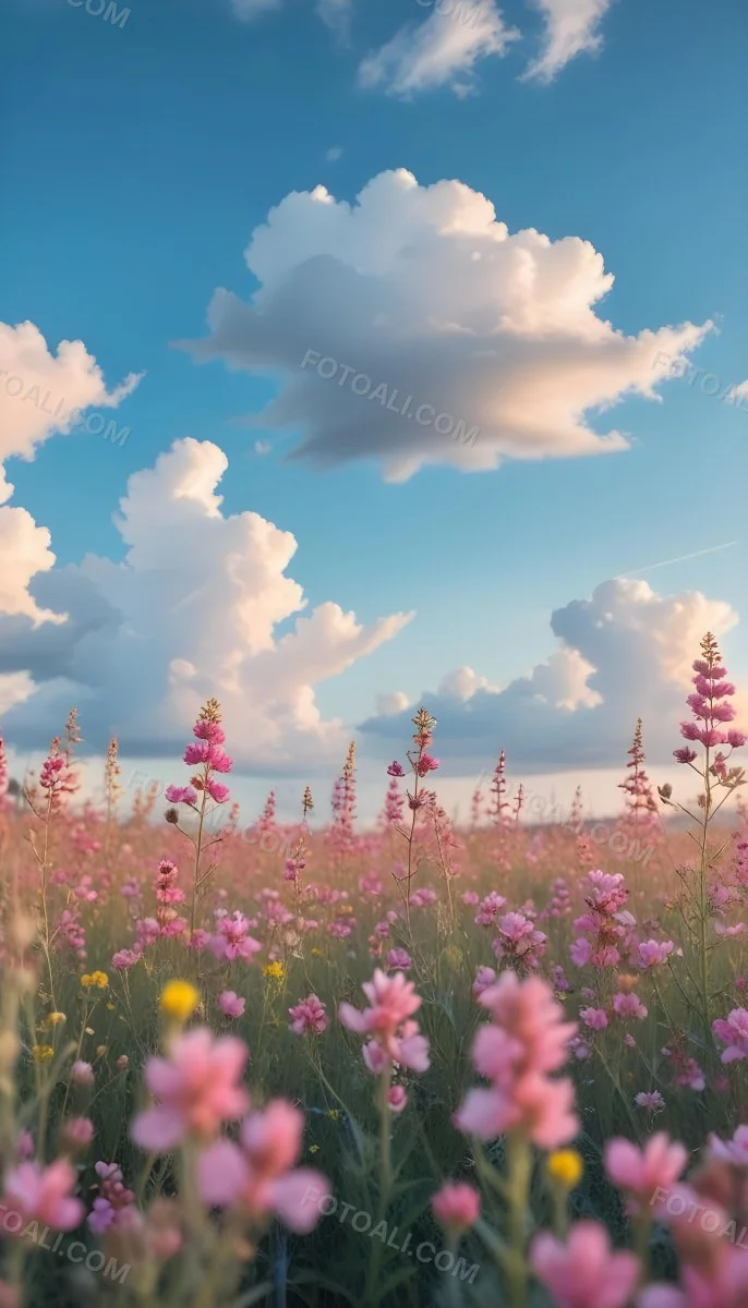 Minimal Soft Studio Light Photography A Field Of Pink Wildflowers With A Blue Sky And Fluffy White Clouds In The Background Surrounded By Yellow Wildflowers During Sunrise With Clear Weather In The Distance High Detail 18 D39e