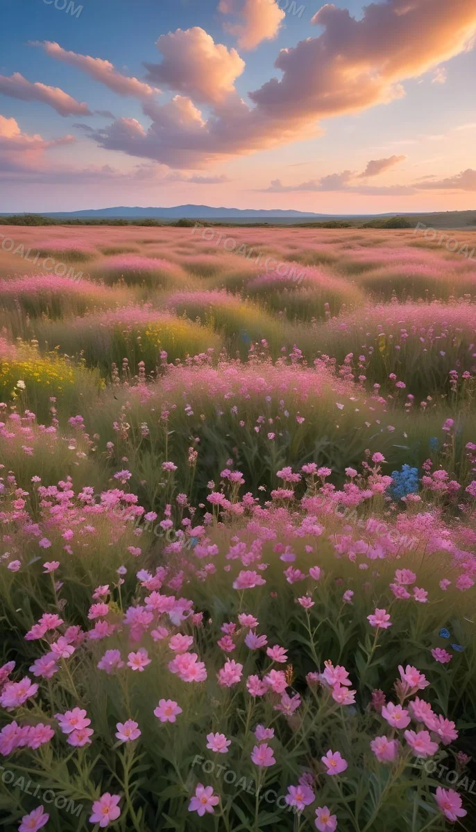 Minimal Soft Studio Light Photography A Field Of Pink Wildflowers With A Blue Sky And Fluffy White Clouds In The Background Surrounded By Yellow Wildflowers During Sunrise With Clear Weather In The Distance High Detail 20 61f6