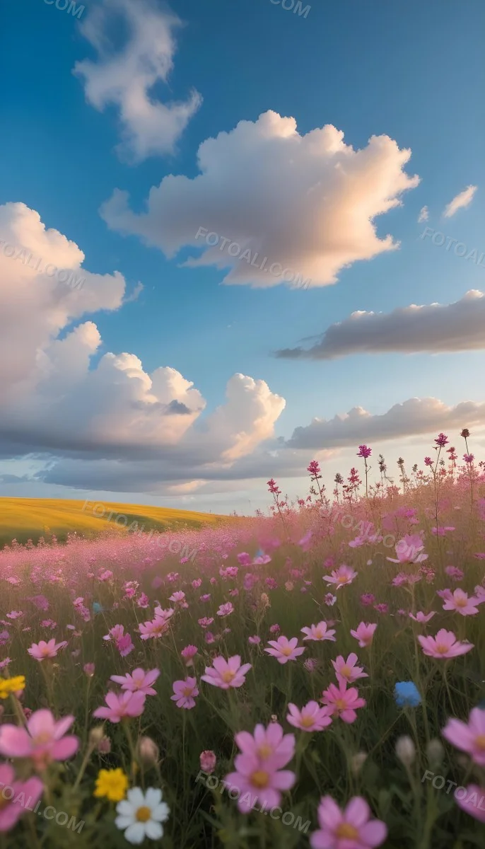 Minimal Soft Studio Light Photography A Field Of Pink Wildflowers With A Blue Sky And Fluffy White Clouds In The Background Surrounded By Yellow Wildflowers During Sunrise With Clear Weather In The Distance High Detail 21 Dda7