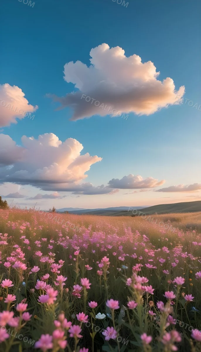 Minimal Soft Studio Light Photography A Field Of Pink Wildflowers With A Blue Sky And Fluffy White Clouds In The Background Surrounded By Yellow Wildflowers During Sunrise With Clear Weather In The Distance High Detail 23 E6a3