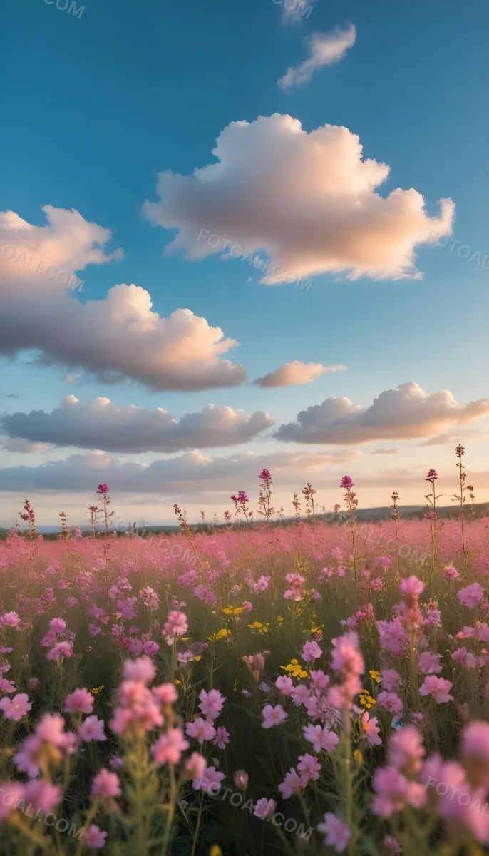 Minimal Soft Studio Light Photography A Field Of Pink Wildflowers With A Blue Sky And Fluffy White Clouds In The Background Surrounded By Yellow Wildflowers During Sunrise With Clear Weather In The Distance High Detail 3 1bab