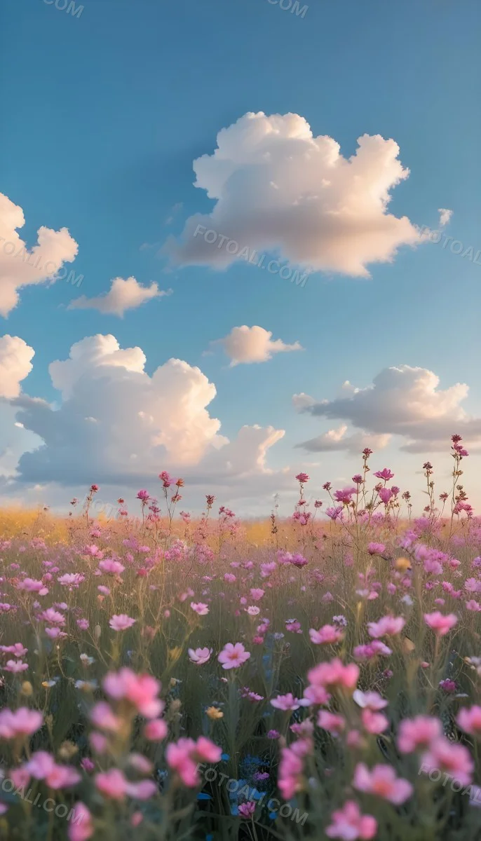Minimal Soft Studio Light Photography A Field Of Pink Wildflowers With A Blue Sky And Fluffy White Clouds In The Background Surrounded By Yellow Wildflowers During Sunrise With Clear Weather In The Distance High Detail 4 E83e