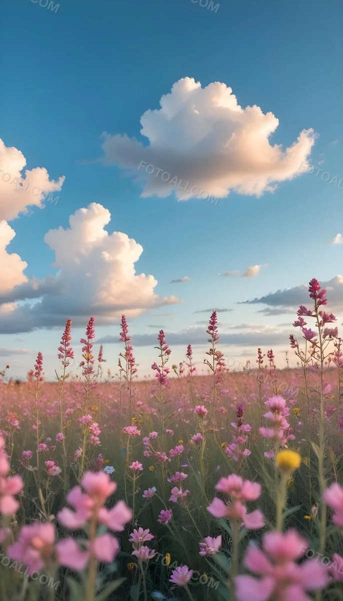 Minimal Soft Studio Light Photography A Field Of Pink Wildflowers With A Blue Sky And Fluffy White Clouds In The Background Surrounded By Yellow Wildflowers During Sunrise With Clear Weather In The Distance High Detail 7 20c6