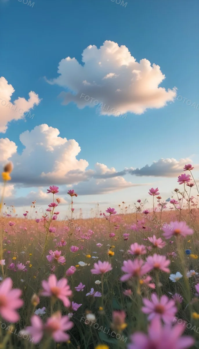 Minimal Soft Studio Light Photography A Field Of Pink Wildflowers With A Blue Sky And Fluffy White Clouds In The Background Surrounded By Yellow Wildflowers During Sunrise With Clear Weather In The Distance High Detail 9 79a1