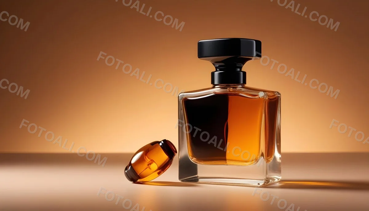Minimal Soft Studio Light Photography A Glass Perfume Bottle With A Black Cap Filled With Amber Colored Liquid High Detail Solid Bold Color Background 10 4130