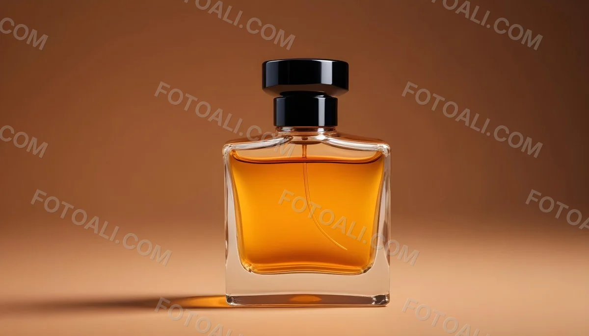 Minimal Soft Studio Light Photography A Glass Perfume Bottle With A Black Cap Filled With Amber Colored Liquid High Detail Solid Bold Color Background 12 Dca1