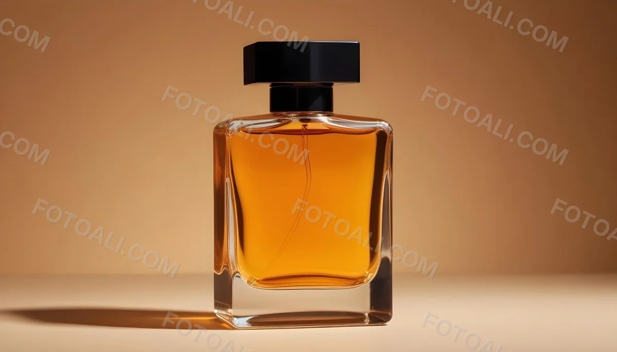Minimal Soft Studio Light Photography A Glass Perfume Bottle With A Black Cap Filled With Amber Colored Liquid High Detail Solid Bold Color Background 16 7bb4