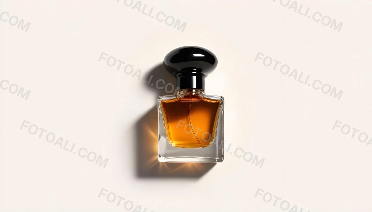 Minimal Soft Studio Light Photography A Glass Perfume Bottle With A Black Cap Filled With Amber Colored Liquid High Detail Solid Bold Color Background 2 07db