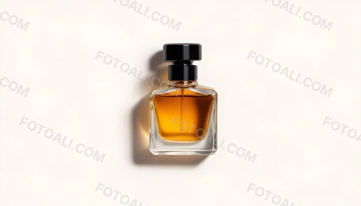 Minimal Soft Studio Light Photography A Glass Perfume Bottle With A Black Cap Filled With Amber Colored Liquid High Detail Solid Bold Color Background 21 6b51