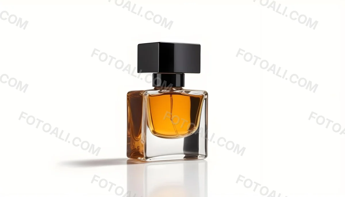 Minimal Soft Studio Light Photography A Glass Perfume Bottle With A Black Cap Filled With Amber Colored Liquid High Detail Solid Bold Color Background 22 6035