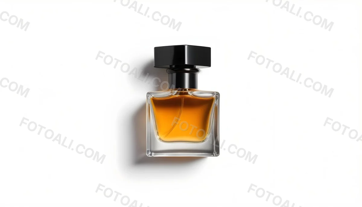 Minimal Soft Studio Light Photography A Glass Perfume Bottle With A Black Cap Filled With Amber Colored Liquid High Detail Solid Bold Color Background 25 4c05