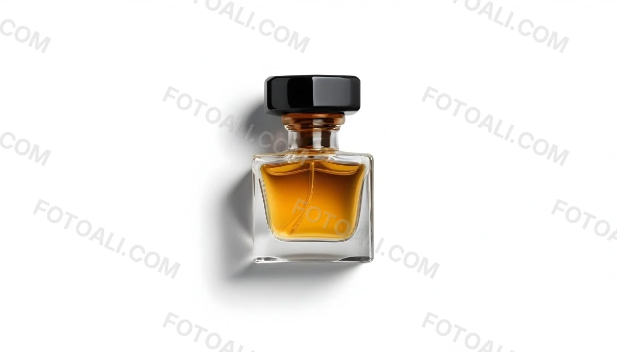 Minimal Soft Studio Light Photography A Glass Perfume Bottle With A Black Cap Filled With Amber Colored Liquid High Detail Solid Bold Color Background 27 Cfd5