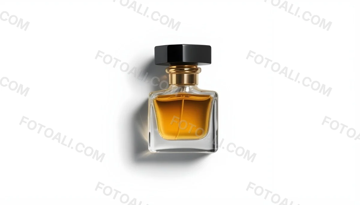 Minimal Soft Studio Light Photography A Glass Perfume Bottle With A Black Cap Filled With Amber Colored Liquid High Detail Solid Bold Color Background 28 6b5b