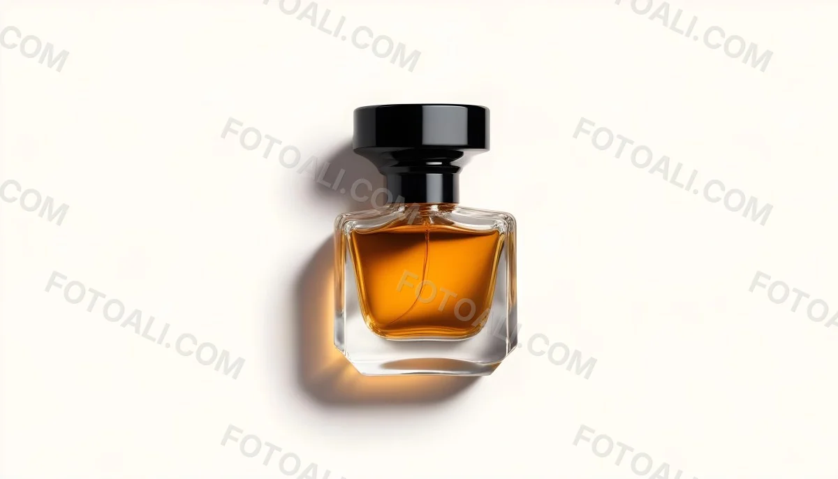 Minimal Soft Studio Light Photography A Glass Perfume Bottle With A Black Cap Filled With Amber Colored Liquid High Detail Solid Bold Color Background 29 8fab