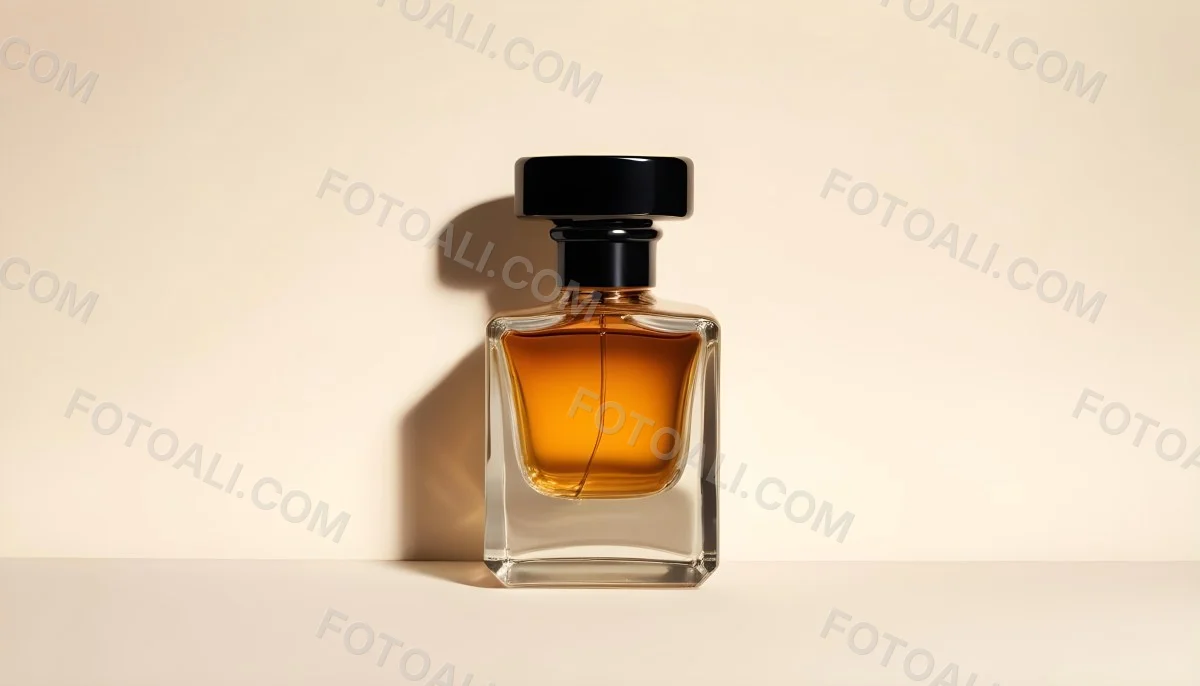 Minimal Soft Studio Light Photography A Glass Perfume Bottle With A Black Cap Filled With Amber Colored Liquid High Detail Solid Bold Color Background 3 Ae79