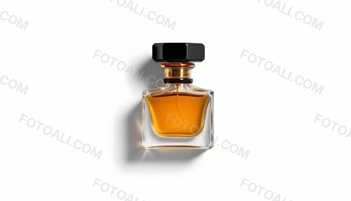 Minimal Soft Studio Light Photography A Glass Perfume Bottle With A Black Cap Filled With Amber Colored Liquid High Detail Solid Bold Color Background 31 950b